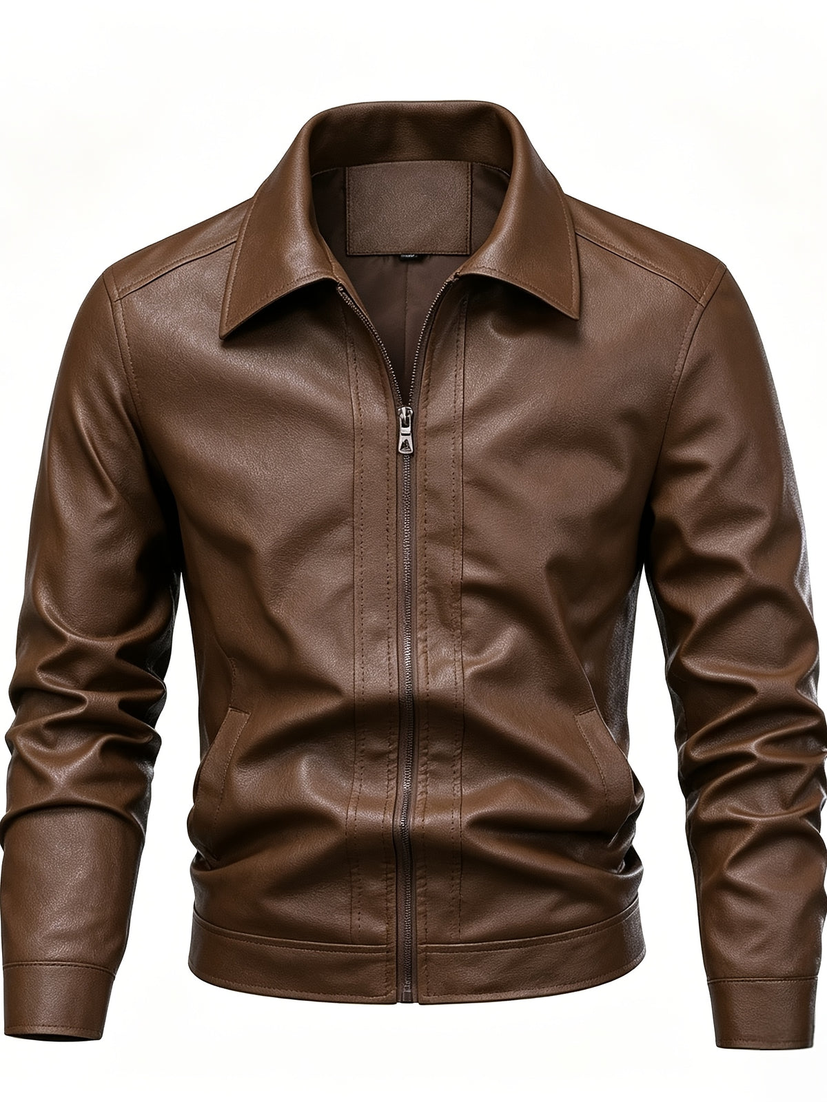 Men's Casual Lapel Zip-Up Jacket Lightweight PU Outerwear