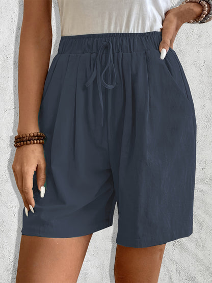 Women'S Casual Blend Shorts, Solid Color, Regular Fit, Non-Stretch Woven Fabric, with Faux Drawstring Detail, for Spring/Summer/Fall - Daily & Vacation Style