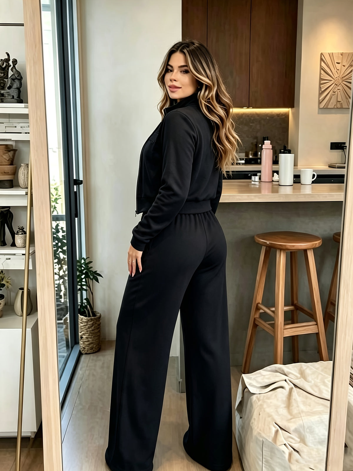 Women's Elegant Long Sleeve Zip-Up Sweatshirt and Joggers Set