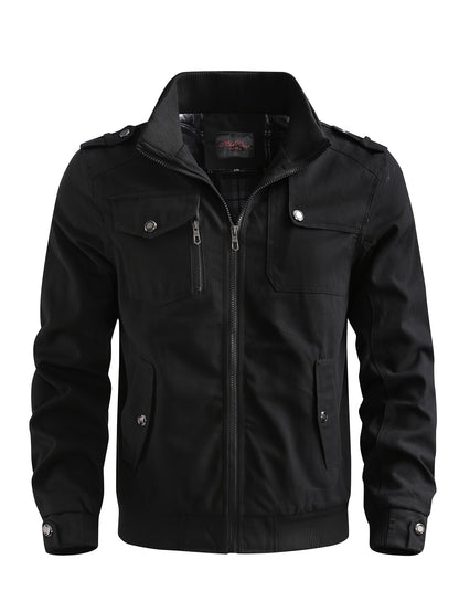 Men's Casual Bomber Jacket, Cotton Stand Collar Windbreaker Jacket With Pockets For Fall Winter