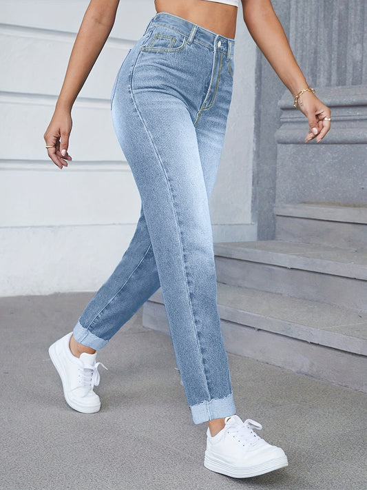 Women's Casual Cropped Rolled Toe Denim Mom Jeans - ayq