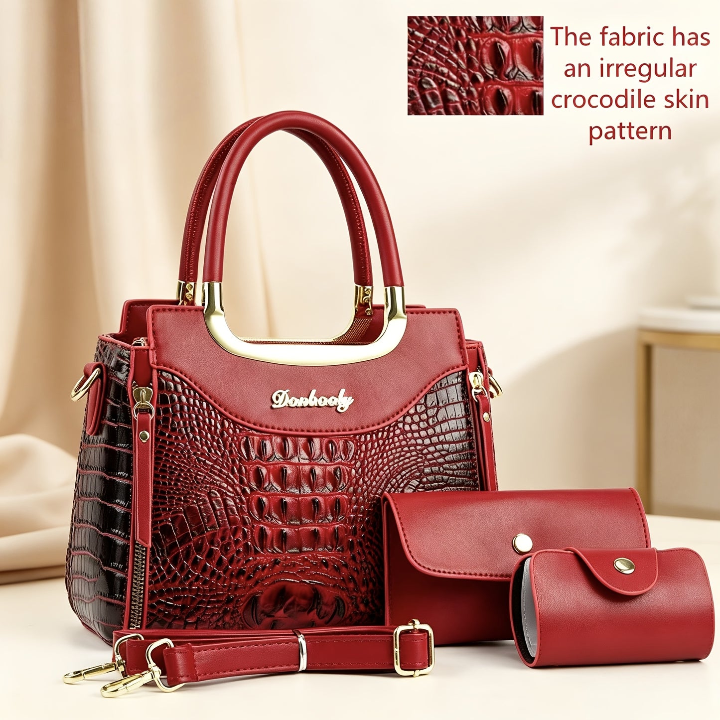 Elegant Crocodile Pattern Women’s Handbag Set with Adjustable Strap