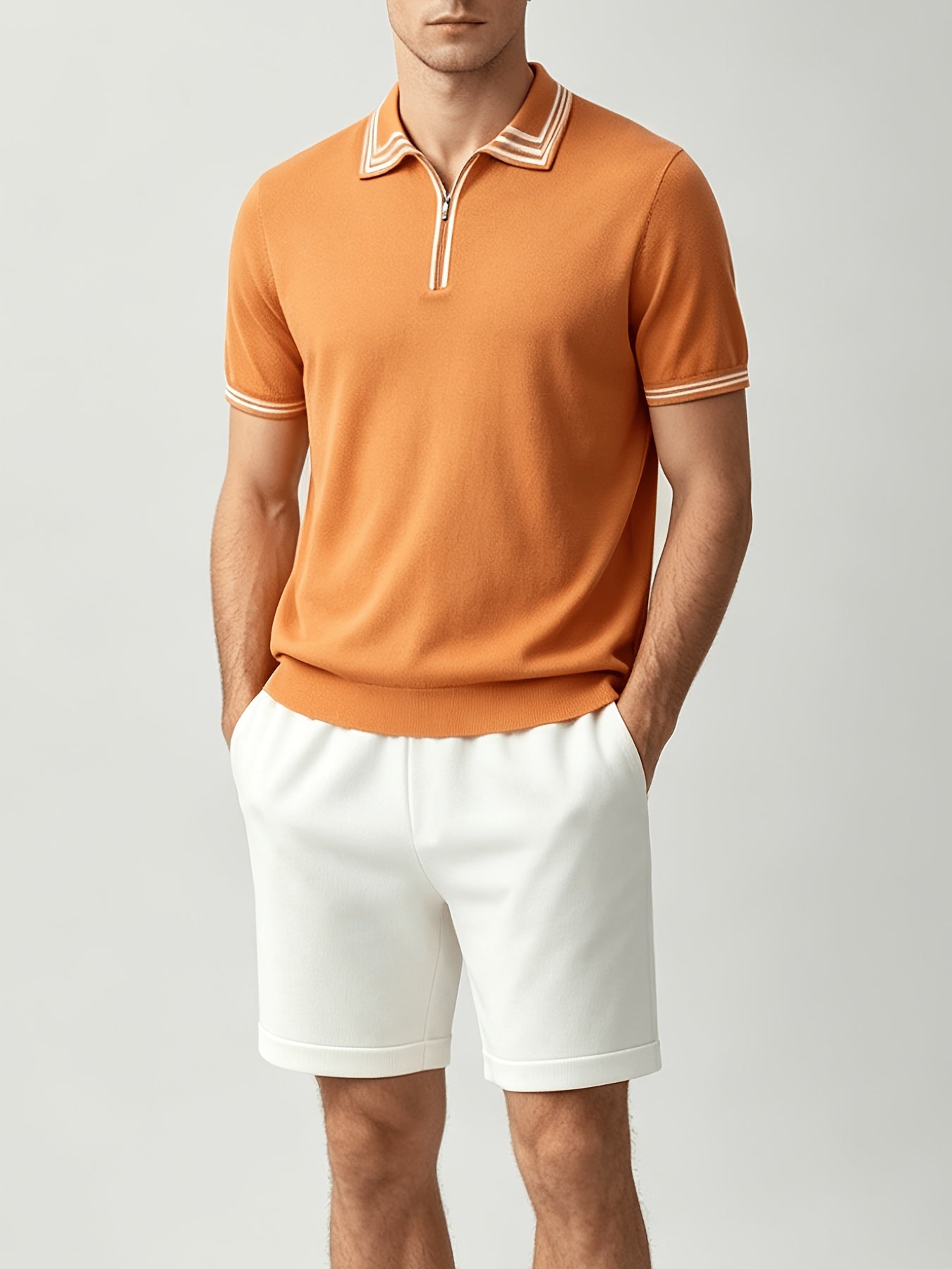 Men's Casual Striped Knit Polo & Lightweight Shorts Set