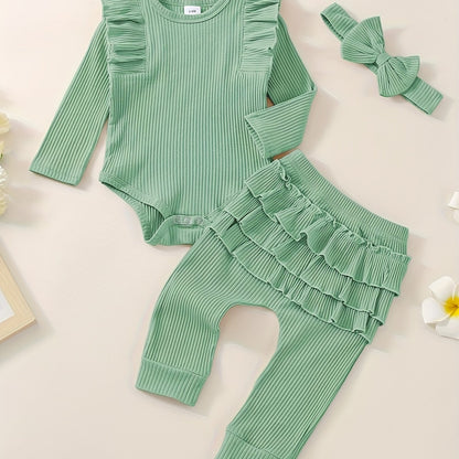 3pcs Baby Girl Outfit Set, Cute Ribbed Ruffle Long Sleeve Romper & Pants, 95% Cotton 5% Spandex, Crew Neck Pullovers, Solid Color, Regular Fit, No Belt, Fall/Winter Knit Fabric, 0-18 Months, for Outdoor