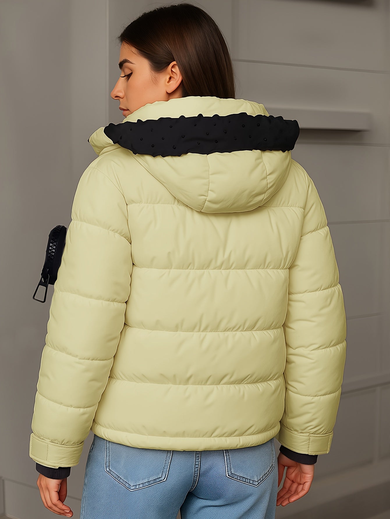 Կանացի ձմեռային կարճ գլխարկով բաճկոն՝ մանանեխի, դեղին և սև գույների հակադրությամբ, փքված վերարկու գրպաններով, գոտի և ամուր կայծակաճարմանդ, առօրյա, էլեգանտ վերնազգեստ ցուրտ եղանակի համար (ձեռքով լվացում/քիմմաքրում), հաստ ձմեռային բաճկոն կանանց համար, Win