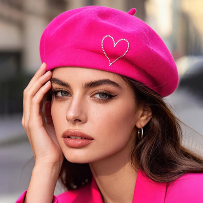 Women's Wool Beret Hat with Rhinestone Heart - Lightweight Warm