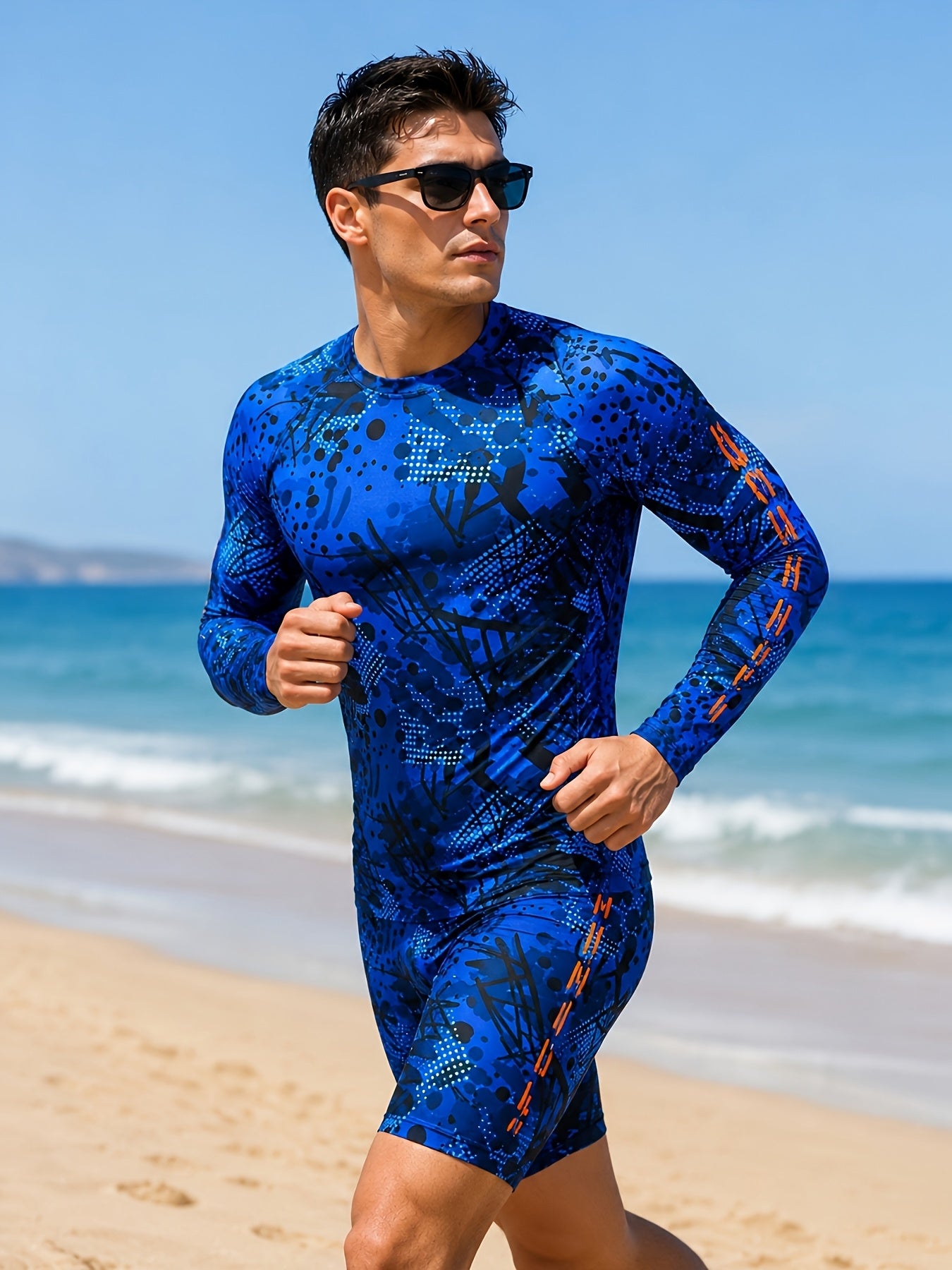 Men's Athletic 2-Piece Long-Sleeve Swimwear Set with Geometric Design
