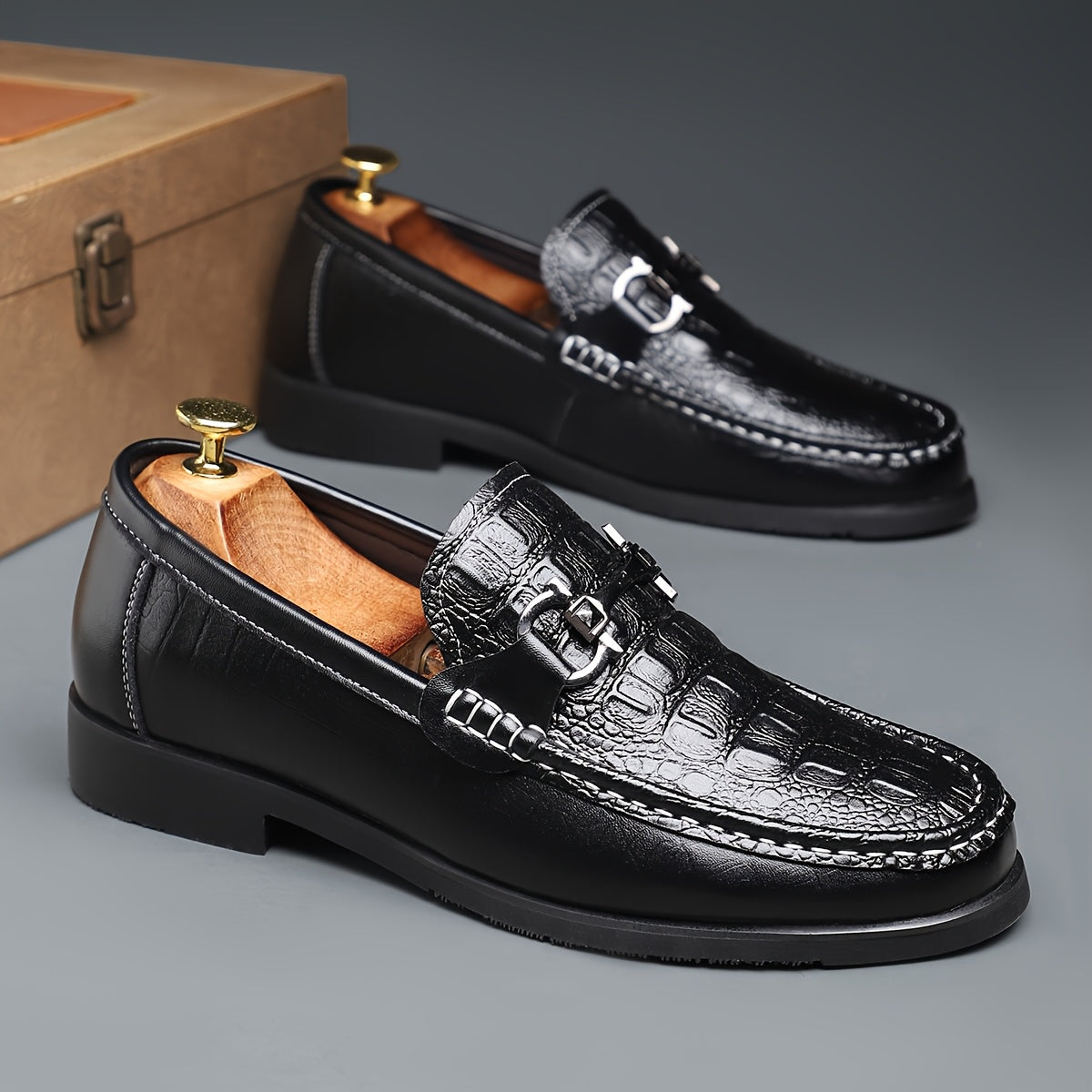 Men's Crocodile Embossed Slip-On Loafers with Metal Buckle