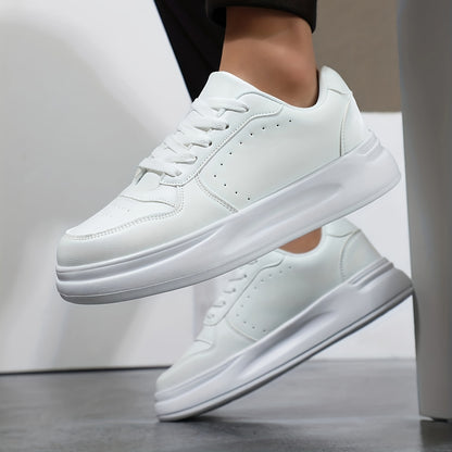 Men's Trendy White Skate Sneakers - Comfortable, Breathable, All-Season Low-Top Lace-Up Shoes with Thick Sole, PU Upper & Mesh Lining for Casual Streetwear