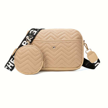 New Quilted Shoulder Bag, Casual Zipper Crossbody Bag, V-Pattern Two Piece Small Square Bag, Shoulder Bag with Zero Wallet, Letter Shoulder Strap, Coin Wallet, Card Bag, Phone Bag, Camera Bag, Lipstick Bag, Key Bag(8.66*5.12*