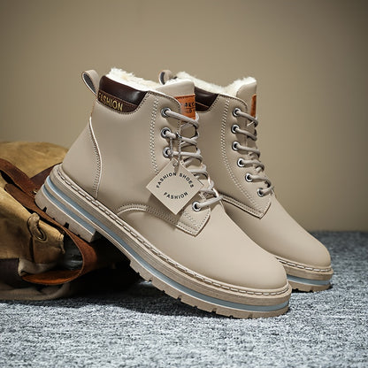 Men's Heavy-Duty Winter Snow Boots - Insulated & Slip-Resistant -like Upper, Thermal Insulation & Cushioned Insole, Large Size Availability (Beige/Brown/Coffee) - All-Terrain Traction Tread, Round Toe & Lace-Up Closure for Hi