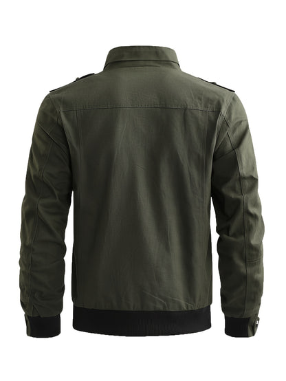 Men's Casual Bomber Jacket, Cotton Stand Collar Windbreaker Jacket With Pockets For Fall Winter