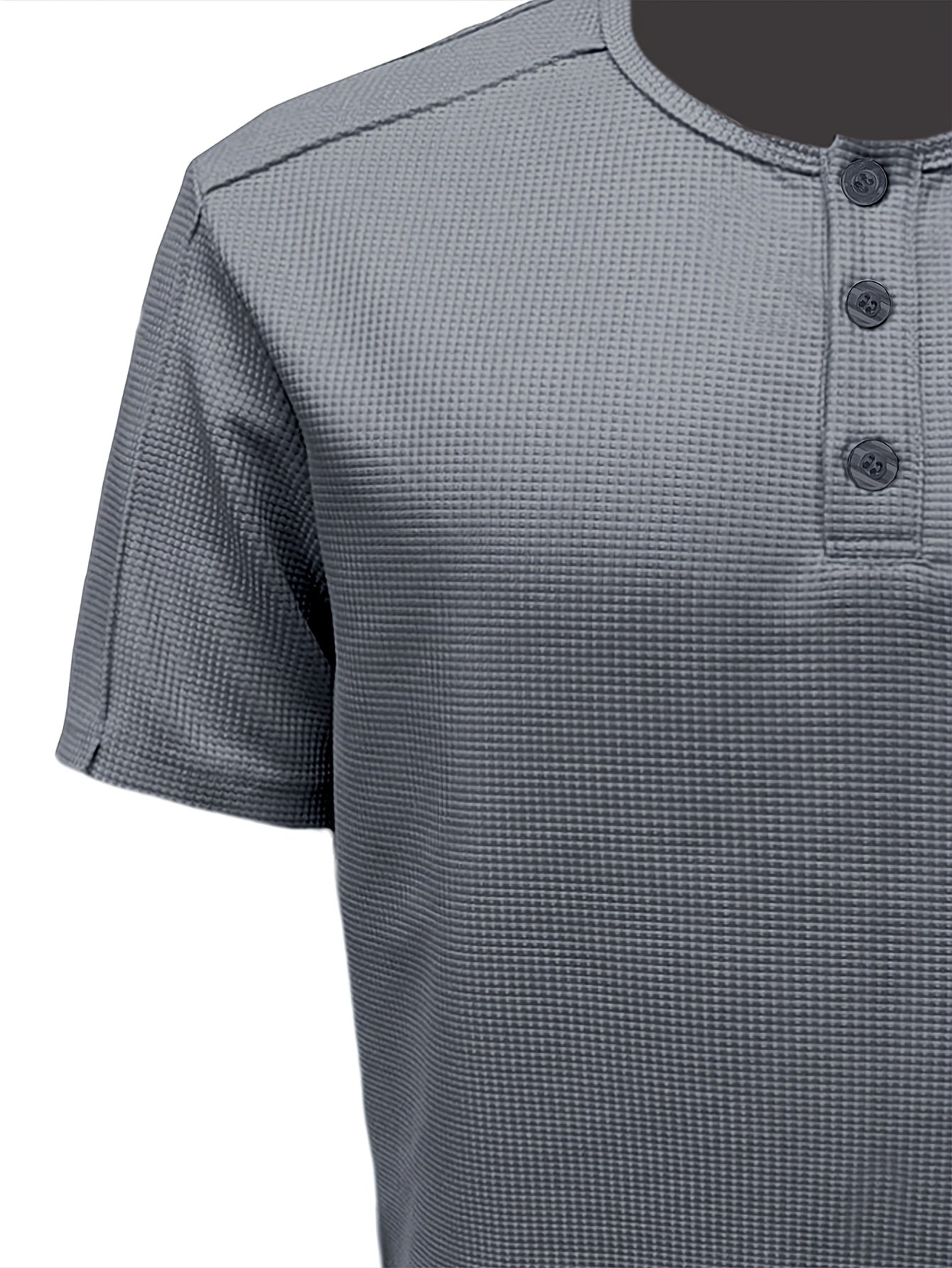 Men'S Long-Sleeve Henry Shirt in Knitted Waffle Style, Featuring Stylish Buttons And a Solid Color, Perfect for High-Quality Casual Outdoor Wear in Spring And Summer.