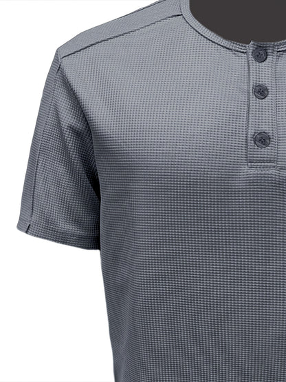 Men'S Long-Sleeve Henry Shirt in Knitted Waffle Style, Featuring Stylish Buttons And a Solid Color, Perfect for High-Quality Casual Outdoor Wear in Spring And Summer.