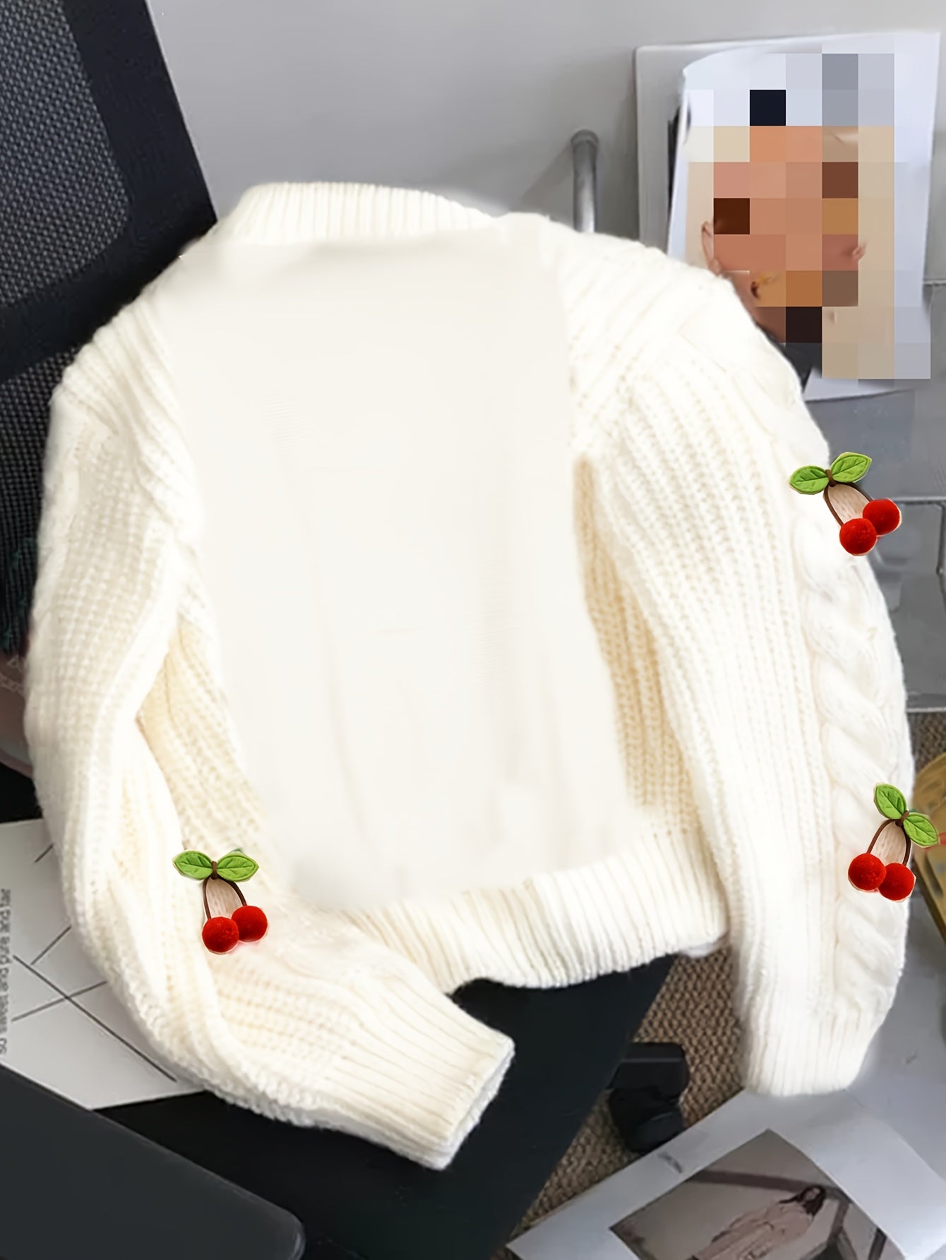 Women'S Purple Cable Cardigan with Cherry & Leaf Embellishments - Cozy Button-Up Sweater for Fall & Winter, Soft & Stylish Design, Perfect for Casual or Holiday Outfits, Winter Cardigan | Cable Cardigan | Buttoned Closure, Sw