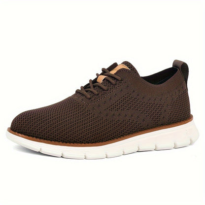 Men's Breathable Knit Business Casual Shoes - Beige with Brown Accents, Lace-Up, EVA Sole, Round Toe, Versatile for All Seasons, Dressy Shoes