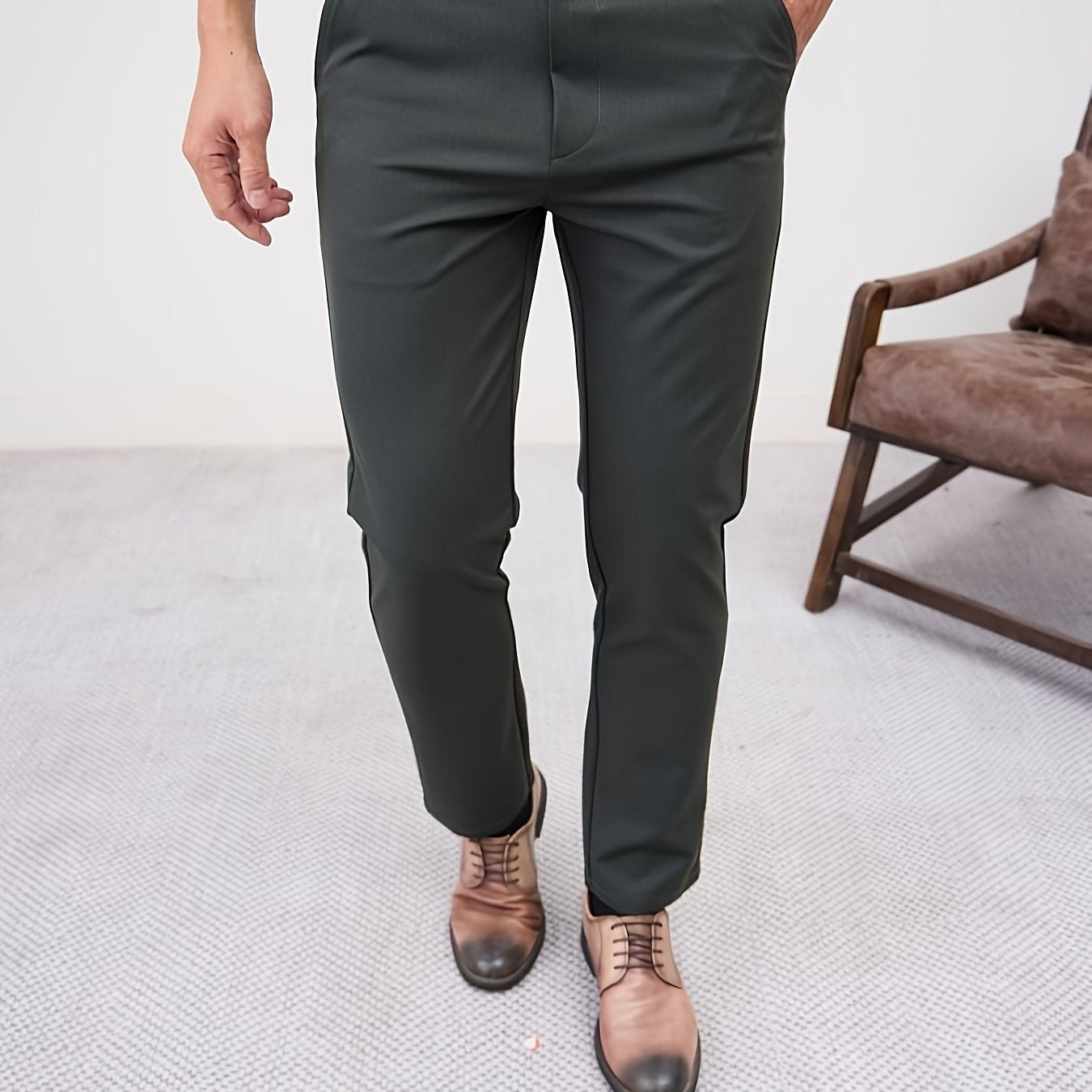 Men'S Casual Solid Color Regular Length Slight Stretch Woven Fabric Pants for Adult