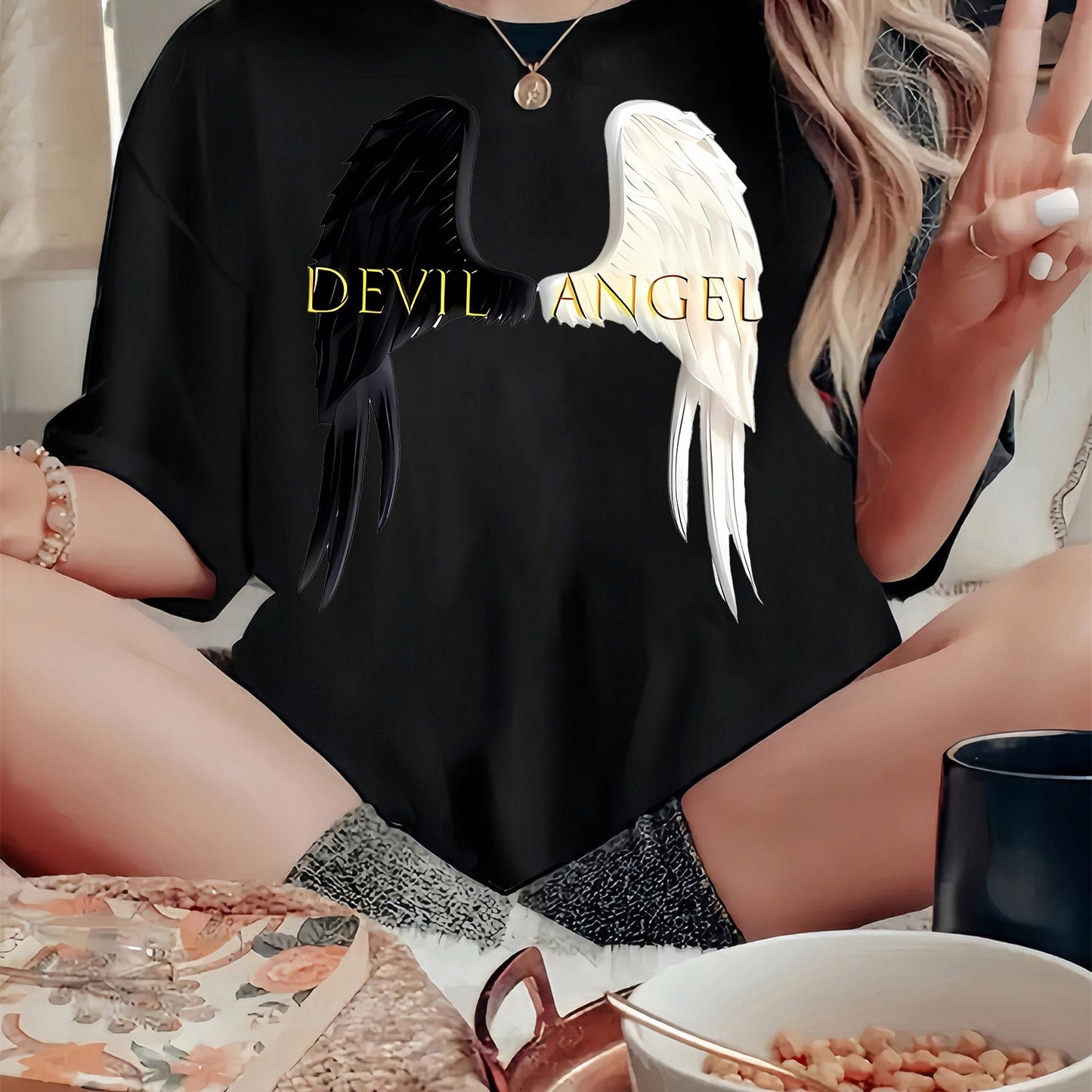 1pc Angel & Devil Wings Graphic Print T-Shirt for Women, Casual Crew Neck Short Sleeve Tee, Polyester Knit Fabric with Medium Stretch, All-Season Fashion Top