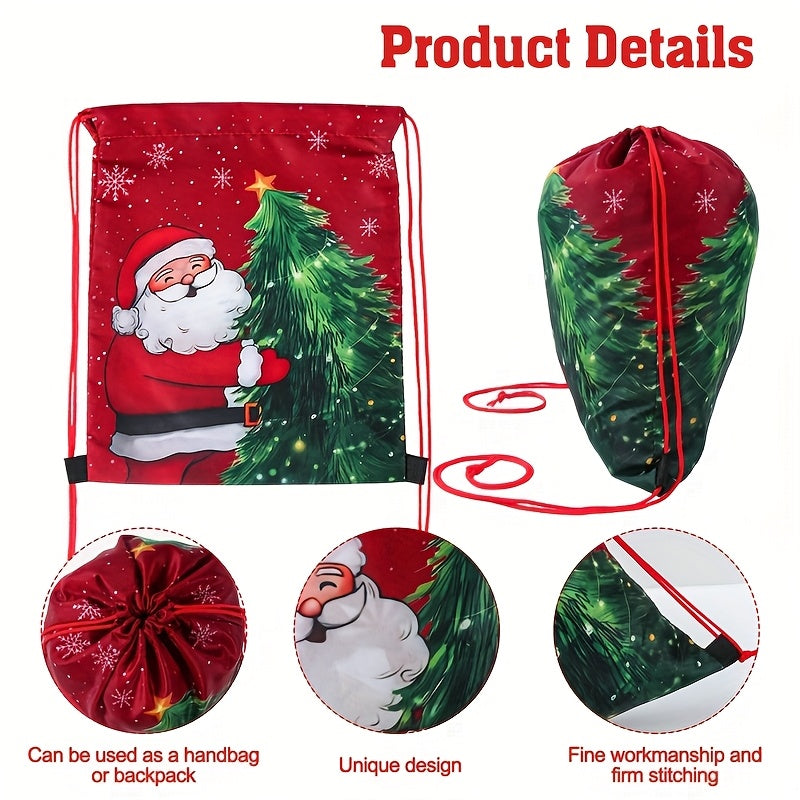 1pc Santa Claus Christmas Tree Drawstring Bag - Red & Green Holiday Gift Packaging with Santa, Snowflakes & Pine Trees, Durable Polyester Gym Bag for Christmas, New Year, Festive Design, Seasonal Decorations, Festive Occasion