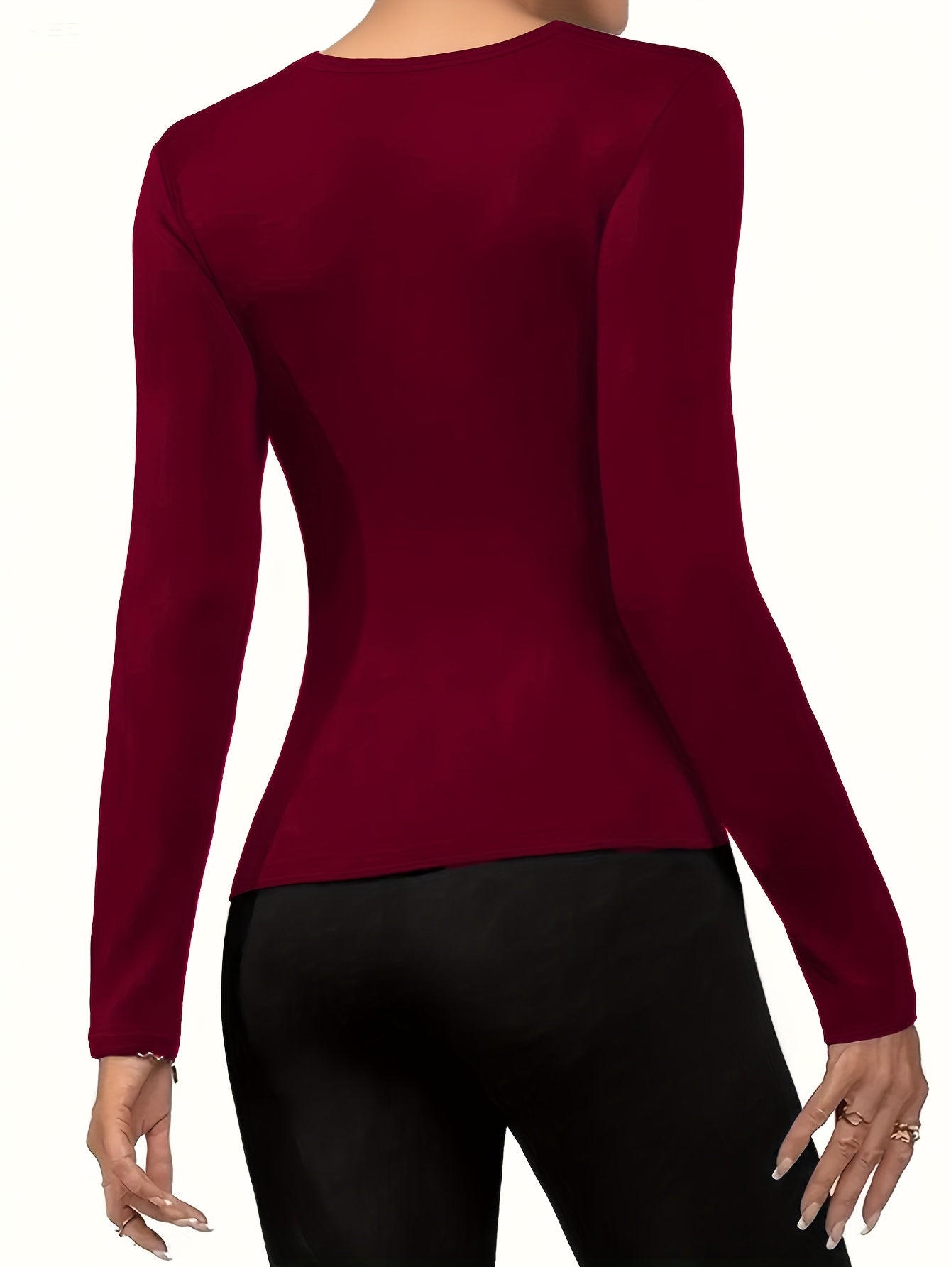 Women'S V-Neck Long Sleeve Top - Elegant Maroon Blouse with Fire Design, Stretchy Fabric for Fall/Winter, Office, Party, Everyday Outfits - Women'S Fashion Clothing, Ladies Tops And Blouses, Party Attire, Office Wear, Stylish
