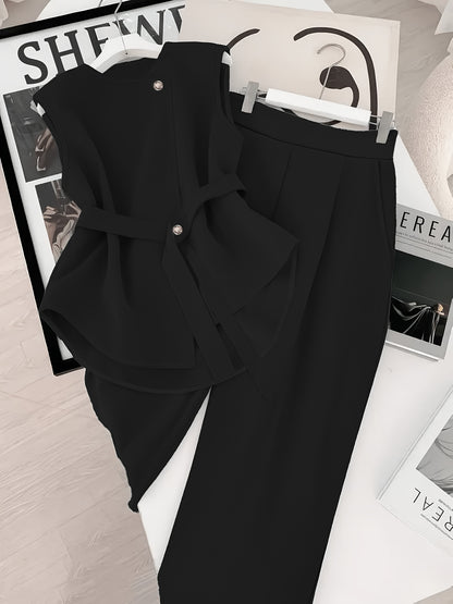 Women's Elegant Two-Piece Sleeveless Pullover Set with Adjustable Wais
