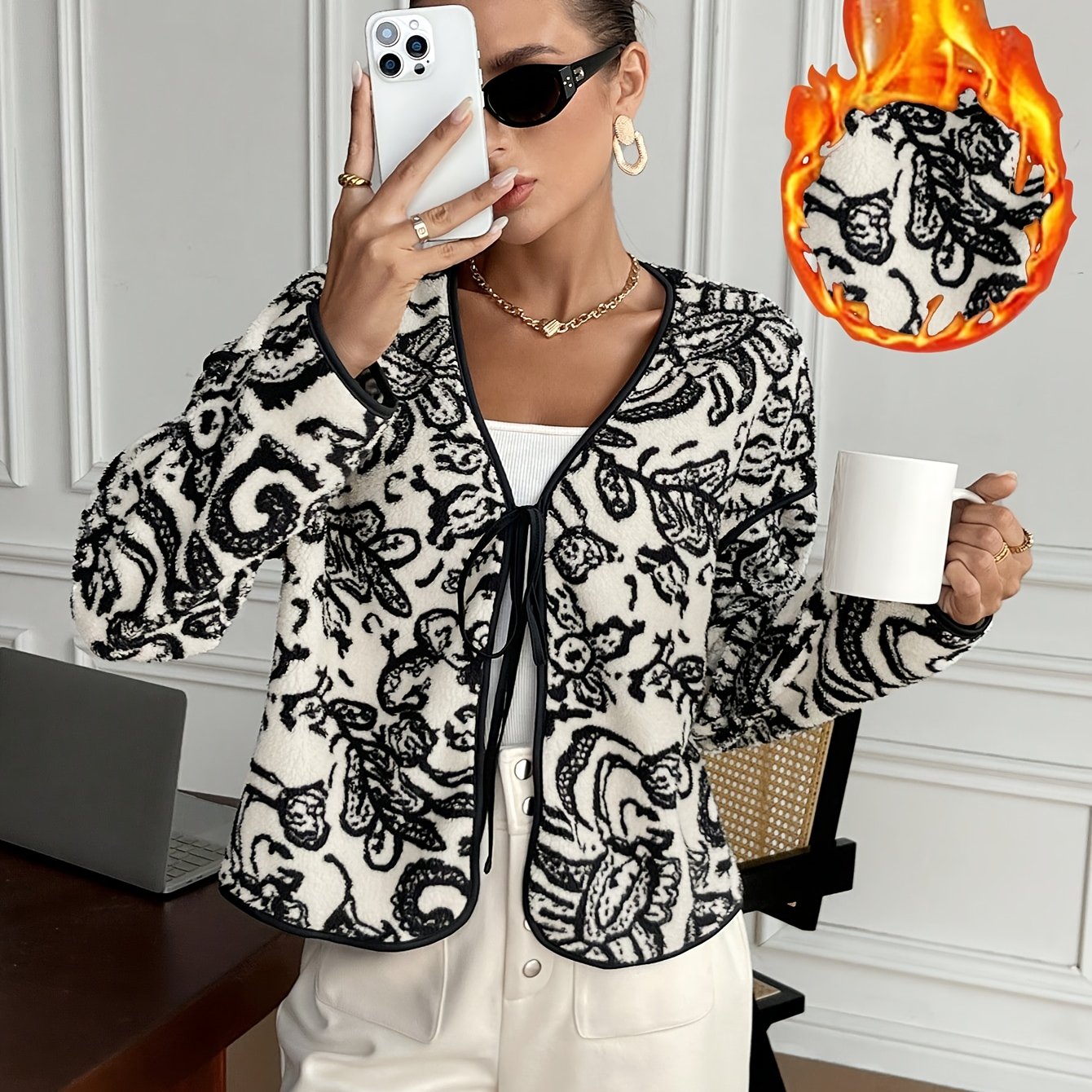 Women's Elegant Black & White Floral blazer - Tie-front closing, Non-Stretchy structure for Fall/Winter, Office, Party, Everyday Chic Jacket - Machine Washable Women's Outerwear, Party Attire, Sophisticated Design