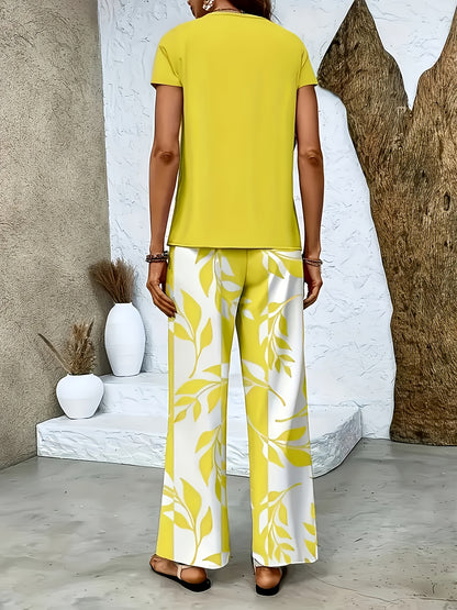 Women's Elegant 2-Piece Set: Crew Neck Top & Printed Pants