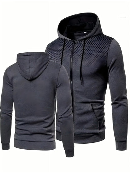 Men's Hooded Zip-Up Jacket Soft Polyester Fall Winter Sporty