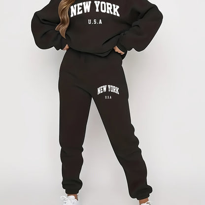 FLS1021WN10 Hoodie with Fleece, European And American Women'S Autumn And Winter Fashion, Printed Casual Sports Two-Piece Set.