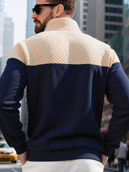 Men's Casual Half-Zip Color Block Sweatshirt with Kangaroo Pocket - ayq