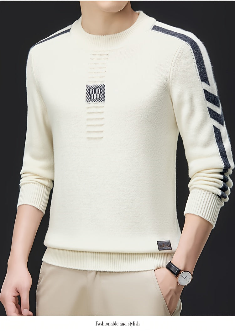 This Thick, Round-Neck Long-Sleeve Sweater for Men Features a Soft And Comfortable Design with Stylish Striped Edges, Perfect for Outdoor Gatherings And Everyday Wear, And Can Be Layered