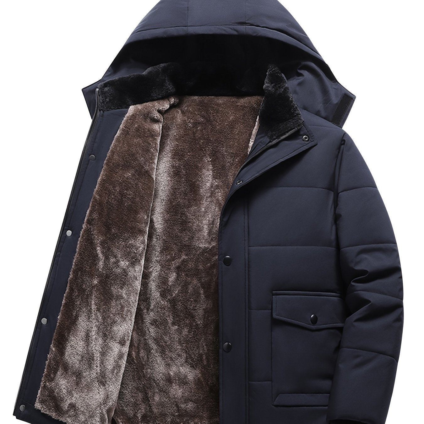 Men's Heavy-Duty Winter Hooded Jacket with Fur-Like Collar & Pockets - Navy Blue/Brown Coat, Golden-Tone Zipper Closure, -Filled Casual Outerwear for Cold Weather (Hand Wash/Dry Clean)