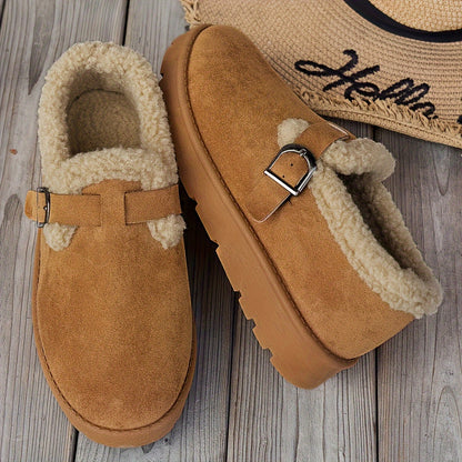 Women'S Warm Fleece-Lined Ankle Slippers, Solid Color, Round Toe, Fabric Upper/Inner, Rubber Sole, Cozy Winter Footwear