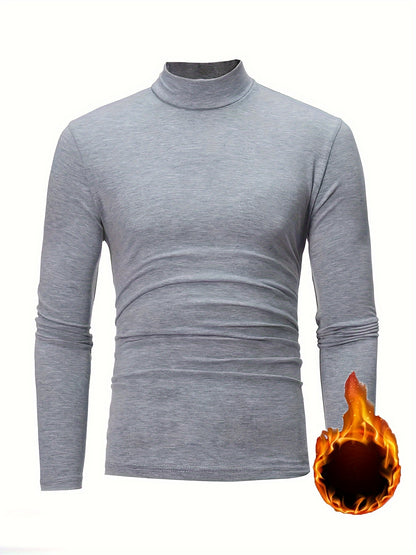 Men's Solid Long Sleeve Turtleneck Stretch T-shirt, Casual Comfy Warm Top For Fall Winter, Men's Clothing
