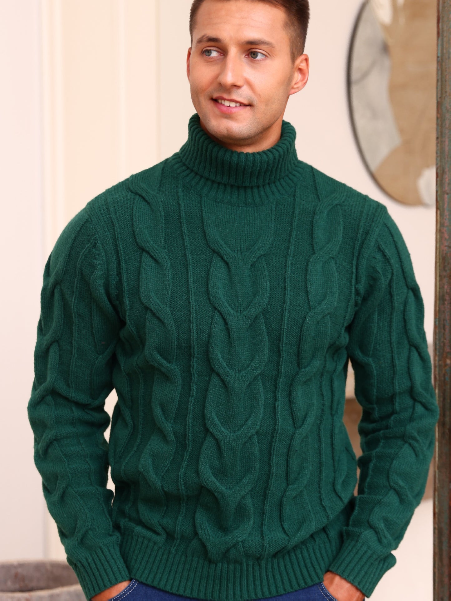 Men's Winter Knit Sweater Thickened Warm High Neck Pullover - Soft Cable Knit Design Solid Color Casual Cold Weather Sweaters for Office & Casual Attire (Regular Fit)