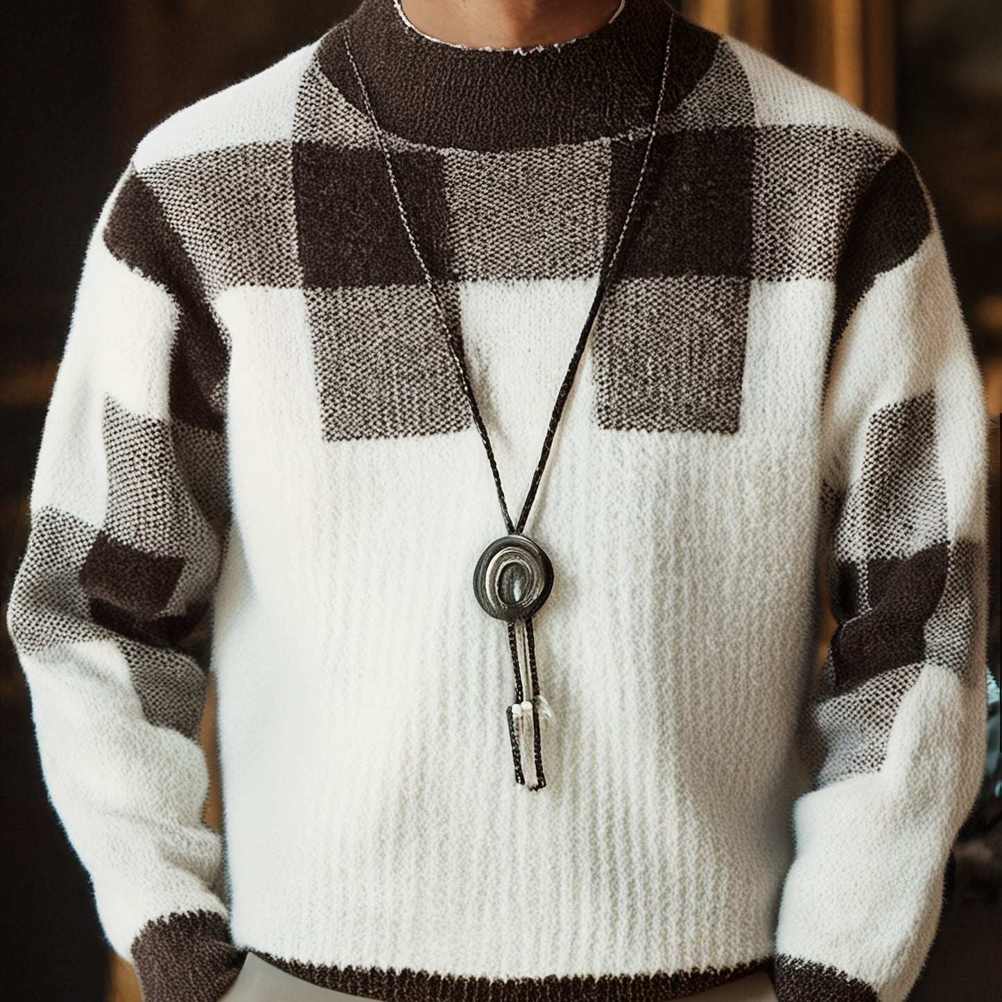 Տղամարդու կլոր վզնոցով սվիտեր, աշնանային և ձմեռային նոր ոճեր, նորաձև և բազմակողմանի, դիմացկուն, հաստ և տաք, երկար թևքերով, վանդակավոր նախշերով, մաշկին հարմար, հարմարավետ, փափուկ, երիտասարդական և նորաձև, նեղ չափսերով, նորաձև, գործնական