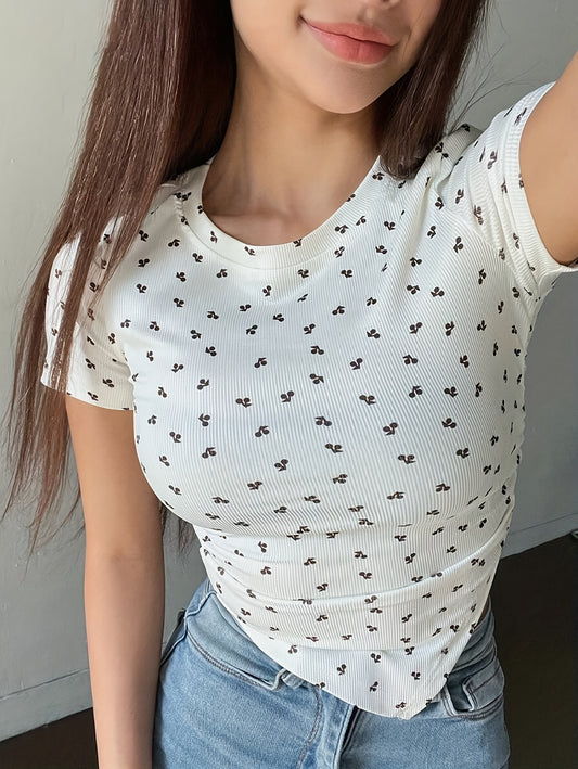Women's Fruit and Vegetable Print Short Sleeve T-Shirt, Round Neck, Polyester Spandex Blend, Machine Washable - All Seasons
