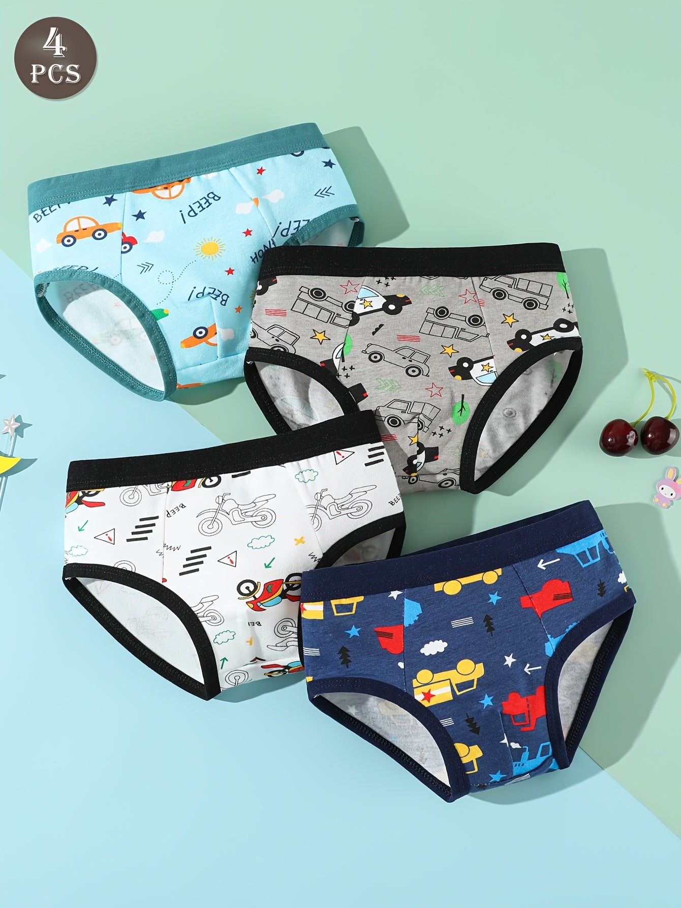 Boys' Cotton Briefs with Cartoon Car Print - Soft & Breathable