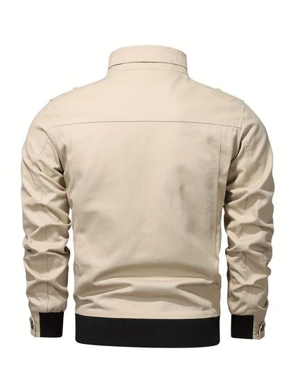 Men's Casual Bomber Jacket, Cotton Stand Collar Windbreaker Jacket With Pockets For Fall Winter