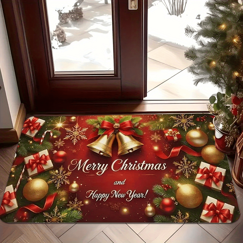 1pc Christmas & New Year Welcome Mat with Merry Christmas & Happy New Year Greeting, Red/Golden/Green Holiday Design, Non-Slip Backing, Heavy-Duty 600g/m² Polyester, Machine Washable Indoor/Outdoor Door Mat with Pine Branche