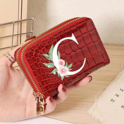 Minimalist Women'S Short Wallet Featuring a Double Zipper Design, with a Crocodile A-Z Letter Pattern. This Stylish Handbag Also Serves As a Fashionable Coin Wallet, Perfect for Travel, Back-To-School, Or Parties.