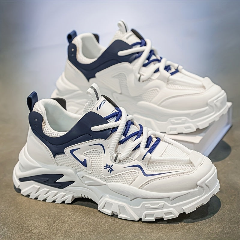 Men'S Breathable Mesh Sneakers with Thick Cushioned Sole - Lightweight Low-Top Lace-Up Shoes for Running, Hiking  Casual Wear, Navy Blue  White Design, All-Season Comfort, Sneakers, Hiking Footwear, Stylish Laceup Shoes, Du