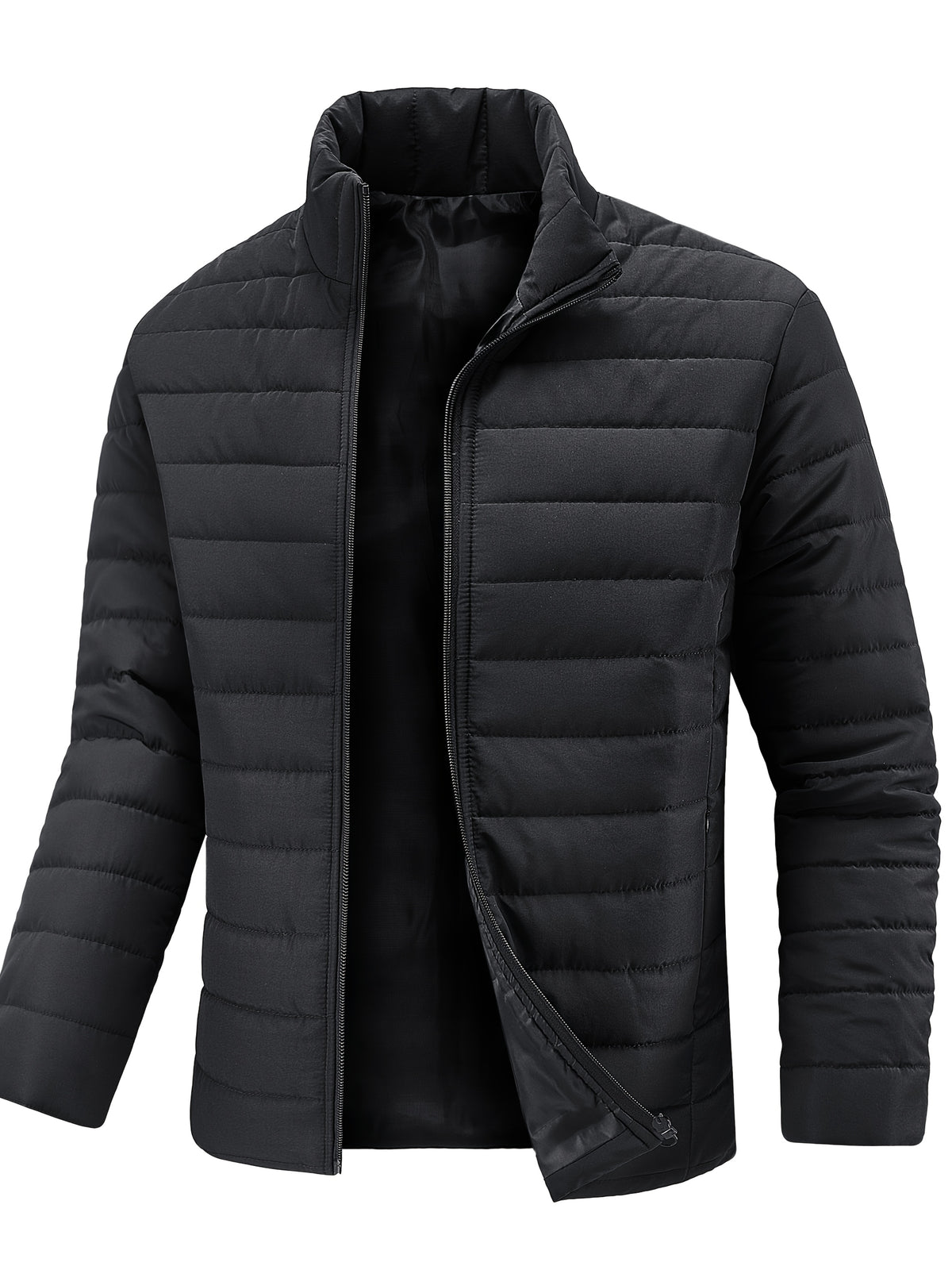 Men's Black Skinny Padded Coat with Stand Collar for Winter
