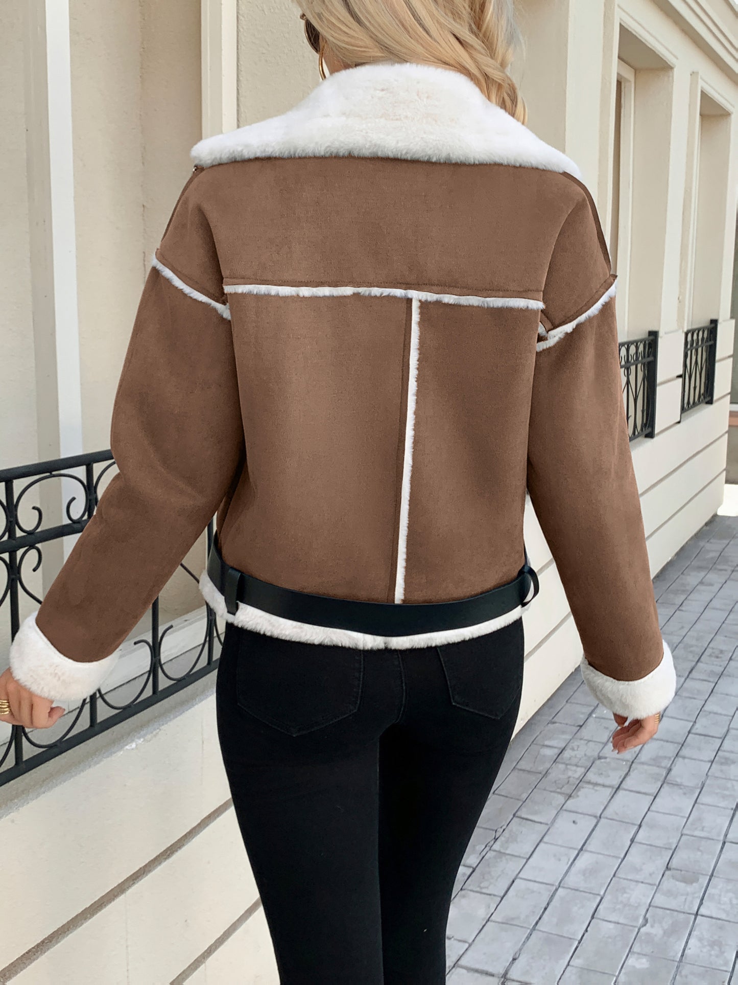 Կանացի ձմեռային բաճկոն՝ հաստ վերարկու՝ սպիտակ մորթե օձիքով և թևկապով - Էլեգանտ շագանակագույն վերնազգեստ, գոտիով գոտկատեղ (չձգվող)՝ աշուն/ձմեռ, լվացքի մեքենայով լվացվող՝ ցուրտ եղանակի համար (ոչ) - վերարկու զգեստների/կիսաշրջազգեստների համար