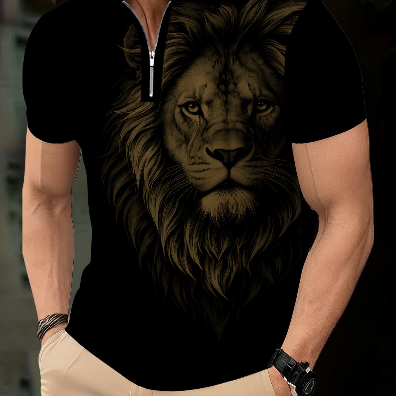 Men's Zip Shirt Short Sleeve Summer Trendy Lion Print Collar T-Shirt Business Casual Slim Fit Men's Top Women's Clothing - ayq