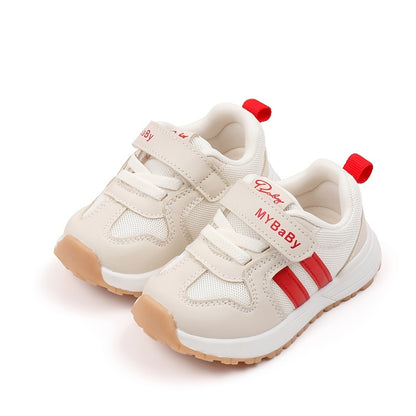 [1pc Unisex Toddler Sports Sneakers] Toddler Sports Sneakers, Unisex Preppy Casual Running Shoes, Striped Low Top Fabric & PU Upper, Breathable Mesh, Soft TPR Sole, with Adjustable Strap Closure, for Spring/Summer, All-Season