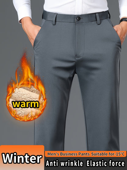Men'S High Waist Solid Color Straight Leg Business Pants with Pocket Details, Polyester and Elastane Blend with Viscose Lining, Elastic Stretch, Zipper Fly Closure, Suitable for Fall/Winter Workwear
