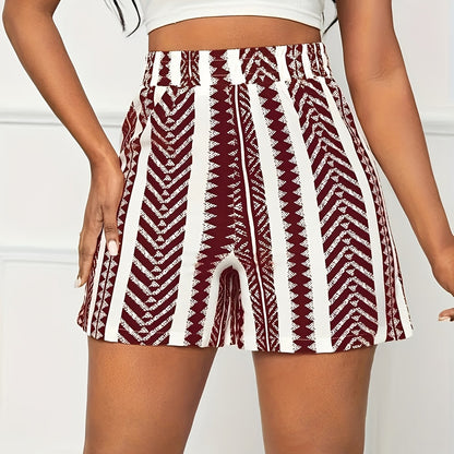 Women's Summer Striped Print Shorts - Vacation Elastic Waist, Lightweight Polyester Blend, Machine Washable, Maroon and White, Resort Fashion|Striped Pattern|Lightweight Fabric