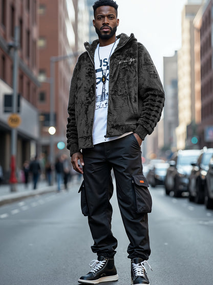 Casual Style] Men's "RELAX" Fleece Hoodie Jacket - Casual Dual-Sided Brown Teddy Coat with Zipper Closure, Long Sleeves for Fall/Winter, Casual Outerwear|Stylish Casualwear|Crafted Embroidery