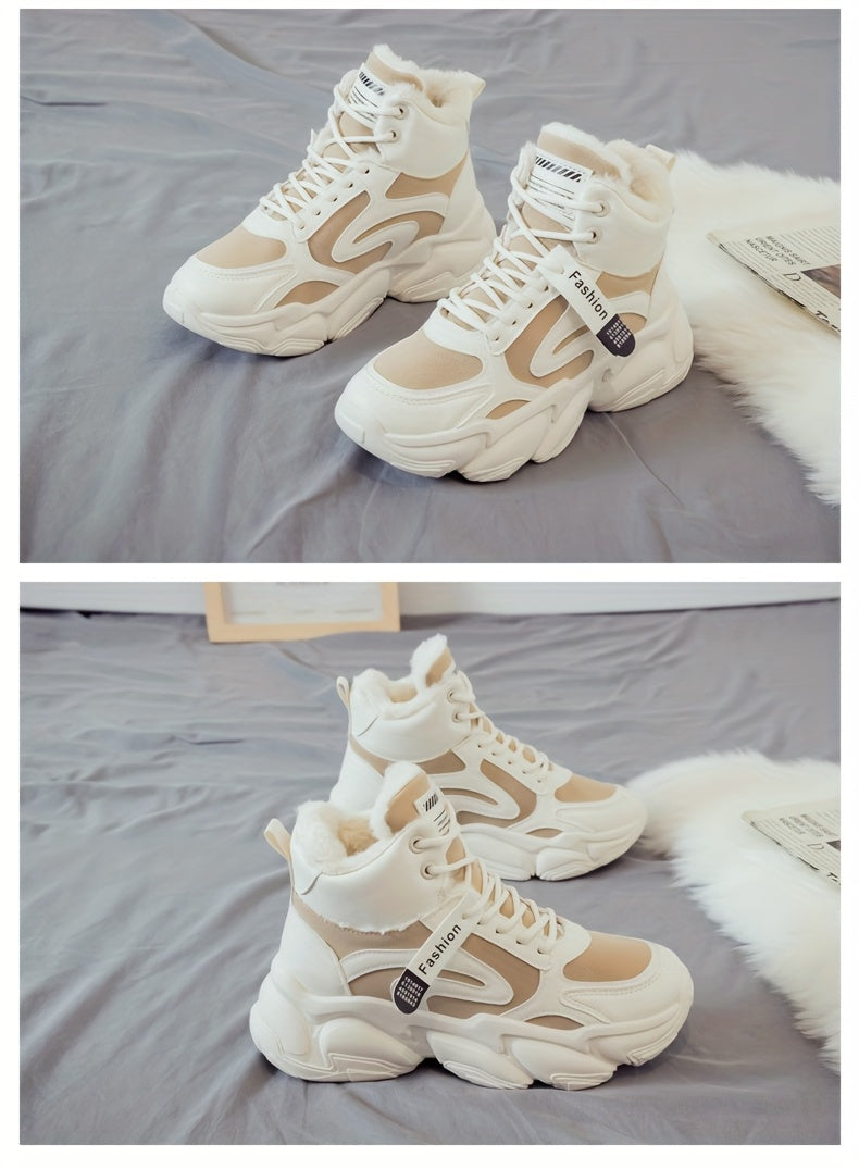 Women's Plush Fleece-Lined High-Top Sneakers - Thick-Soled Winter Warm Lace-Up Shoes with PU Upper & Cushioned PVC Sole, White/Black/Grey Chunky Dad Shoes (Cozy Round Toe) - Instagram Trendy Winter Footwear by I Trend